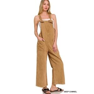 Zenana Womens Med Camel Washed Denim Knot Strap Jumpsuit Overalls Wide Leg NEW‎